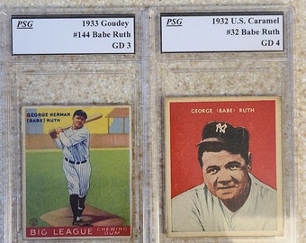 2X Graded Babe Ruth custom cards 1932 #32 US Caramel + 1933 #144 Goudey custom Baseball cards