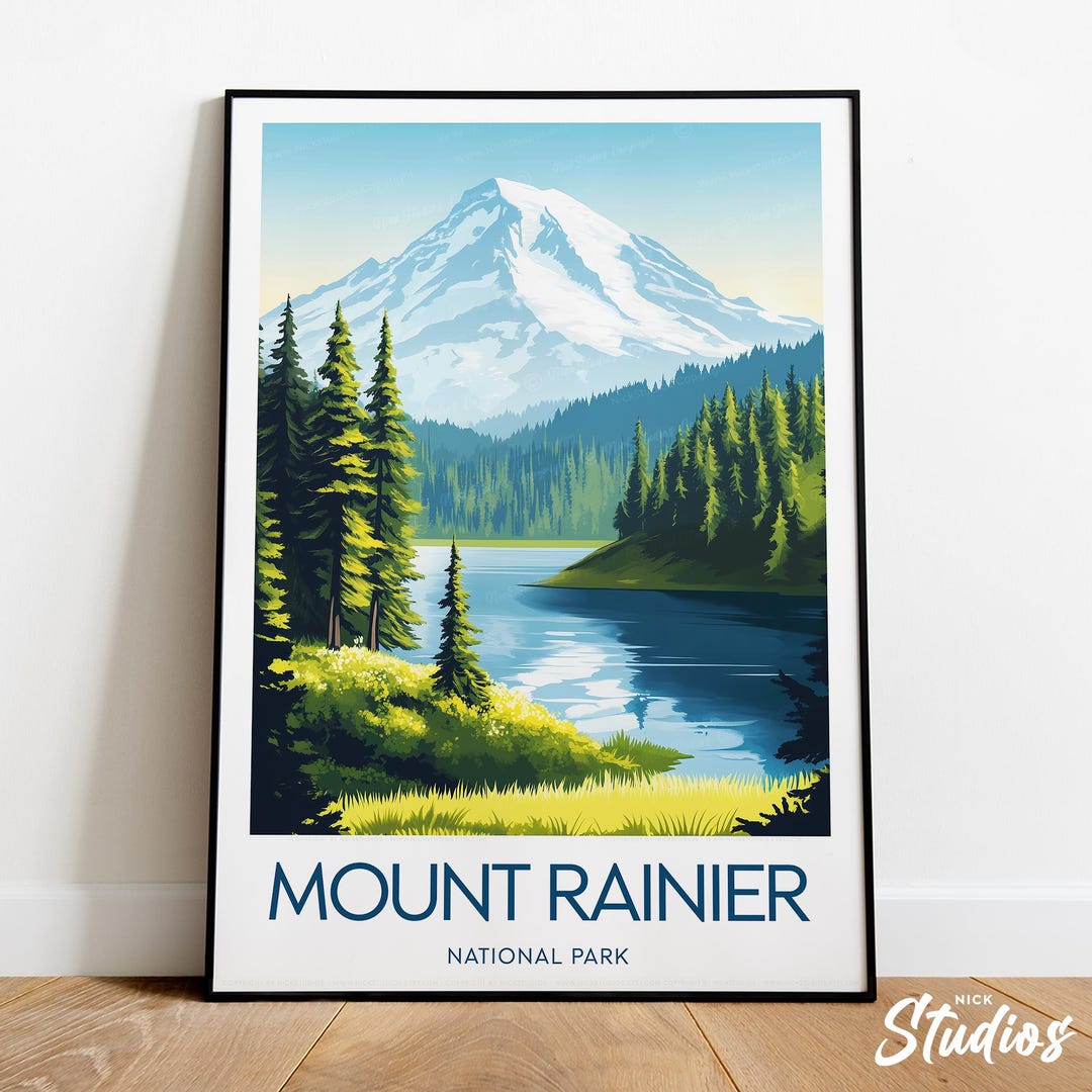 Mount Rainer Poster Mount Rainier Traditional Travel Print - National Park, Mount Rainier ...