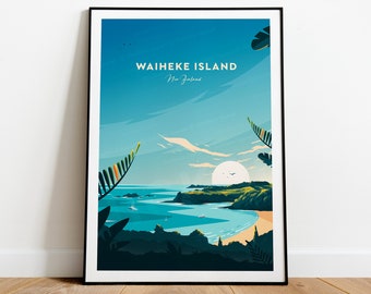 Waiheke Island traditional travel print - New Zealand, Waiheke Island poster, Wedding gift, Birthday present, Custom Text, Personalised Gift