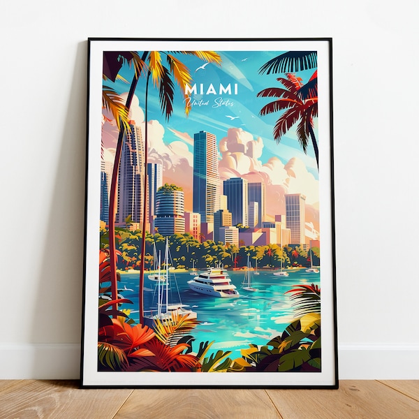 Impression de voyage traditionnelle à Miami - États-Unis, affiche de Miami, peinture de Miami, oeuvre d'art de Miami, cadeau d'anniversaire, cadeau de mariage, texte personnalisé