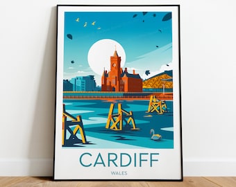 Cardiff travel print - Wales, Cardiff poster, Cardiff Castle, Birthday present, Wedding Gift, Custom Text, Personalised Gift