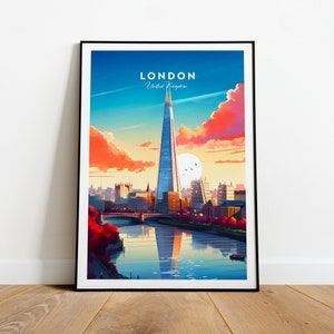 London traditional travel print - United Kingdom, London poster, The Shard, Wedding gift, Birthday present