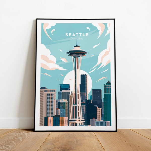 Seattle traditional travel print - United States, Custom Text, Personalised Gift