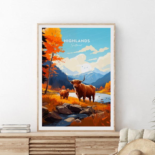 Highlands traditional travel print - Scotland, Scottish Highlands poster, Wedding gift, Birthday present, c Christmas gift