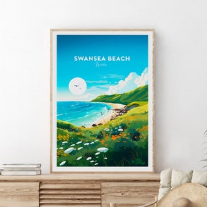 Swansea Beach traditional travel print - Wales, Swansea beach artwork, Travel posters, Wedding gift, Custom Text, Personalised Gift
