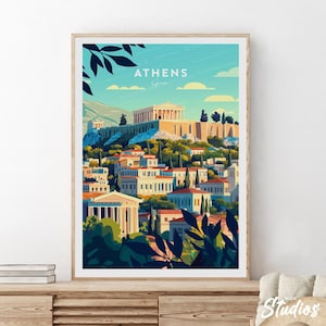 Impresión de viaje tradicional de Atenas - Grecia, póster de Atenas, póster de Grecia, obra de arte de Atenas, regalo de cumpleaños, regalo de boda, texto personalizado