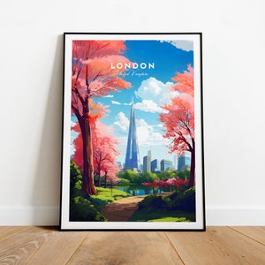 London traditional travel print - United Kingdom, London poster, The Shard, Wedding gift, Birthday present