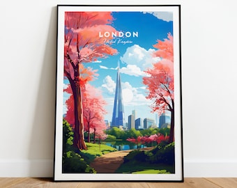 London traditional travel print - United Kingdom, London poster, The Shard, Wedding gift, Birthday present