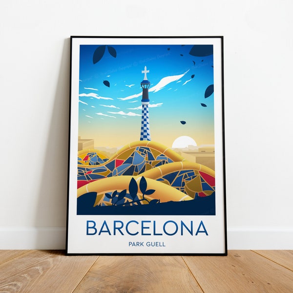 Barcelona travel print - Park Güell, Barcelona poster, Travel prints, Birthday gift, Wedding present, Custom Text, Personalised Gift
