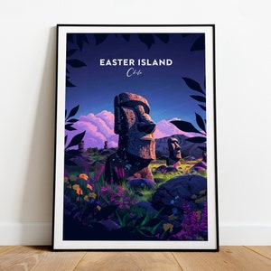 Easter Island traditional travel print - Chile, Easter Island artwork, Rapa Nui art, The Moai poster, The moai print, Custom Text