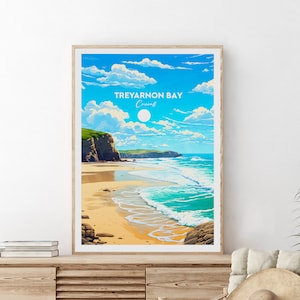Treyarnon Bay traditional travel print - Cornwall, Treyarnon bay print, Cornwall artwork, Wedding gift, Birthday present