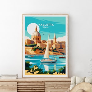 Valletta traditional travel print -Malta, Valletta poster, Valletta artwork, Birthday present, Wedding gift, Custom Text, Personalised Gift