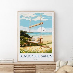 Impresión de viaje de Blackpool Sands - Devon, póster de Blackpool Sands, impresión de Blackpool Sands de NickStudios, texto personalizado, regalo personalizado
