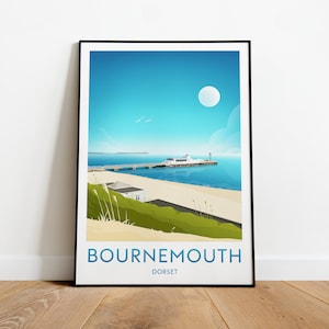 Impresión de viaje de Bournemouth - Dorset, impresión de Bournemouth, póster de Bournemouth, obra de arte de Dorset, regalo de boda, texto personalizado, regalo personalizado