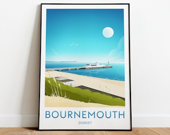 Impresión de viaje de Bournemouth - Dorset, impresión de Bournemouth, póster de Bournemouth, obra de arte de Dorset, regalo de boda, texto personalizado, regalo personalizado