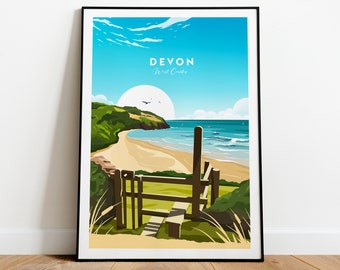 Devon traditional travel print - West Country, Custom Text, Personalised Gift