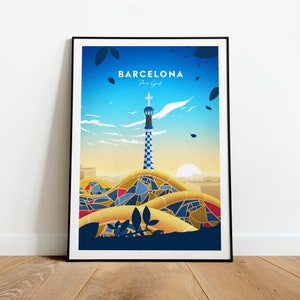 Barcelona traditional travel print - Park Güell, Barcelona poster, Travel prints, Birthday gift, Wedding present