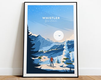 Whistler traditional travel print - British Columbia, Whistler poster, Ski poster, Ski resort print, Whistler ski, Wedding gift