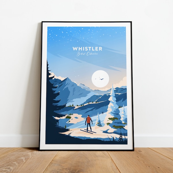 Whistler traditional travel print - British Columbia, Whistler poster, Ski poster, Ski resort print, Whistler ski, Wedding gift