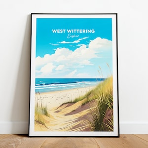 Impression de voyage traditionnelle de West Wittering - Angleterre, plage de West Wittering, affiche de Chichester, cadeau de mariage, cadeau d'anniversaire, texte personnalisé