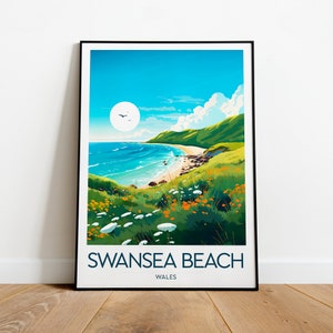 Swansea Beach travel print - Wales, Swansea beach artwork, Travel posters, Wedding gift, Custom Text, Personalised Gift