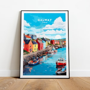 Impression de voyage traditionnelle de Galway - Irlande, affiche de Galway, rivière Corrib, oeuvre d'art de Galway, impression d'Irlande, cadeau d'anniversaire, cadeau de mariage