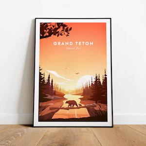 Grand Teton traditional travel print - National Park, Grand Teton poster, Wall art, Birthday present, Wedding gift, Christmas gift