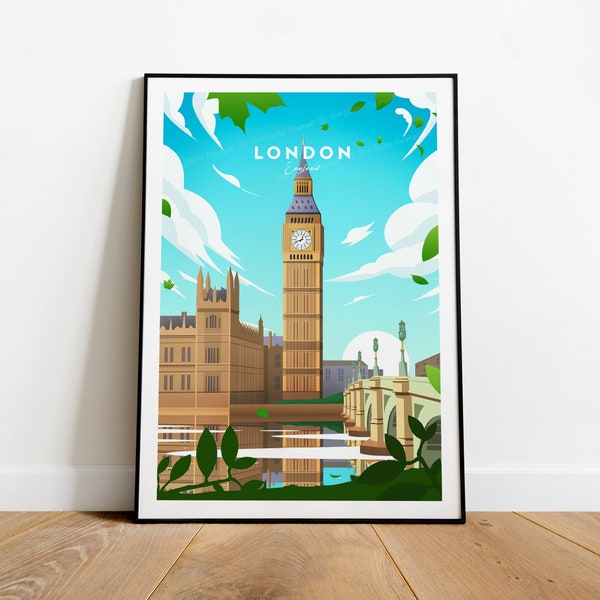 Impresión de viaje tradicional de Londres - Inglaterra, cartel de Londres, impresión del Big Ben, regalo de boda, regalo de cumpleaños, texto personalizado, regalo personalizado