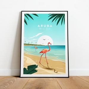 Aruba traditional travel print - Flamingo beach, Custom Text, Personalised Gift