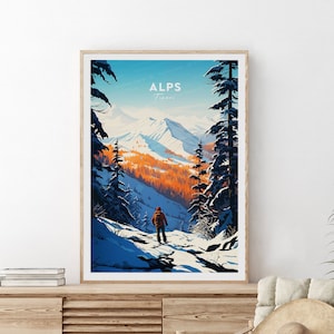 Traditionele reisafdruk van de Alpen - Frankrijk - Alpen, skigebied, Alpenposter, aangepaste tekst, gepersonaliseerde Alpenkunstwerken