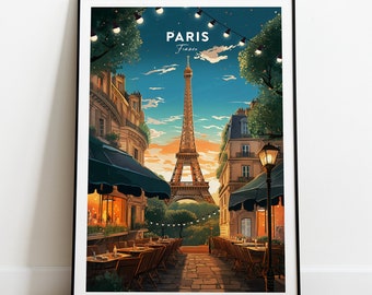 Könnte beinhalten: Eine digitale Illustration einer Pariser Straßenszene mit dem Eiffelturm im Hintergrund. Die Straße ist gesäumt von Cafés und Restaurants mit Sitzgelegenheiten im Freien. Der Himmel ist leuchtend blau mit ein paar Wolken. Das Bild ist mit "Paris, Frankreich" betitelt.