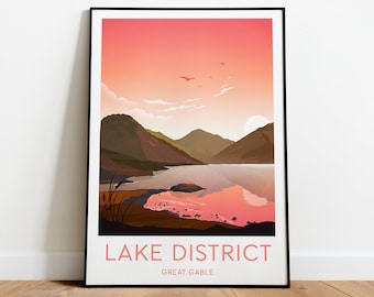 Lake District evening travel print - Great Gable, Lake District print, Lake District poster, Wedding gift, Birthday present