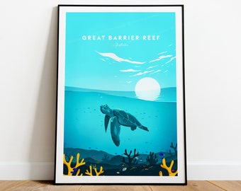 Great Barrier Reef traditional travel print - Australia, Great Barrier Reef poster, Cairns print, Australia travel poster, wedding gift
