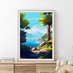 Impression de voyage traditionnelle du lac de Bolsena - Italie, affiche du Haut Latium, cadeau de mariage, cadeau d&#39;anniversaire, texte personnalisé, cadeau personnalisé