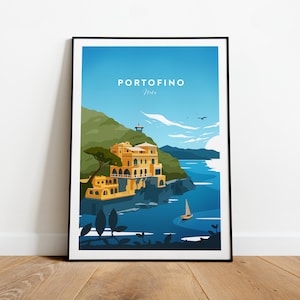 Portofino traditional travel print - Italy, Portofino poster, Portofino artwork, Italy print, Birthday gift, Wedding present