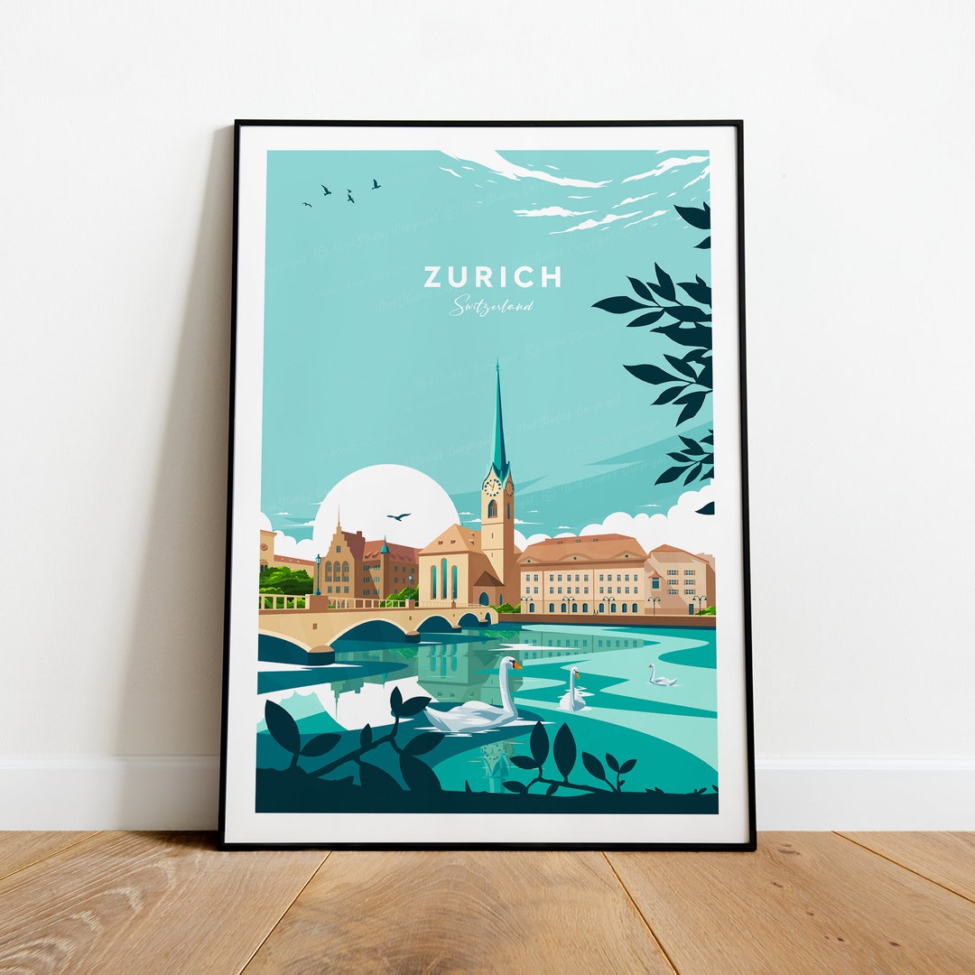 Zurich Traditional Travel Print Switzerland, Zurich Poster, Zurich Print,  Wedding Gift, Custom Text, Personalised Gift 