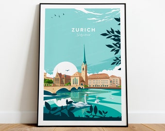 Impression de voyage traditionnelle de Zurich - Suisse, affiche de Zurich, impression de Zurich, cadeau de mariage, texte personnalisé, cadeau personnalisé