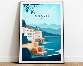 Amalfi Coast traditional travel print - Italy, Amalfi print, Amalfi poster, Italy print, Italy poster, Birthday gift, Wedding present