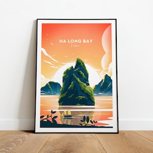 Ha Long Bay traditional sunset travel print - Vietnam print, Vietnam poster, Hanoi, wedding gift, Custom Text, Personalised Gift