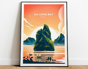 Impression traditionnelle de voyage au coucher du soleil dans la baie d'Ha Long - Impression Vietnam, affiche Vietnam, Hanoï, cadeau de mariage, texte personnalisé, cadeau personnalisé