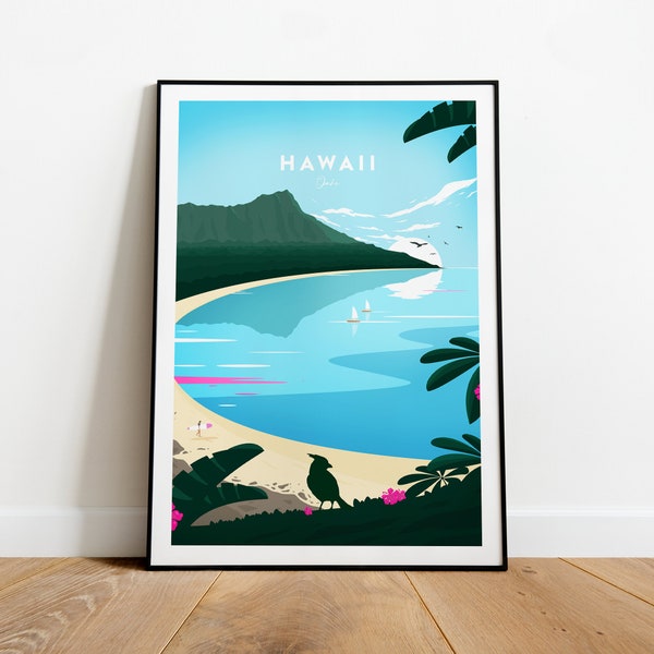 Hawaii traditional travel print - Oahu, Hawaii poster , Oahu print, Honolulu print, wedding gift, birthday poster