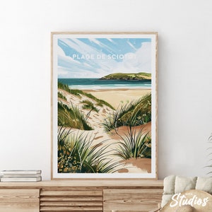 Plage de Sciotot traditional travel print - France, Plage de Sciotot print, Plage de Sciotot France poster, Plage de Sciotot artwork