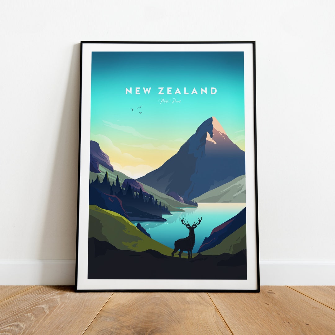 New Zealand Traditional Travel Print Mitre Peak New Zealand Etsy
