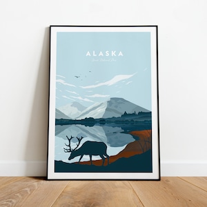 Alaska traditional travel print - Denali National Park, Alaska print, Alaska poster, Denali print, Birthday gift, Wedding present