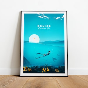 Belize traditional travel print - Caribbean Sea, Belize poster, Wedding gift, Birthday present, Custom Text, Personalised Gift