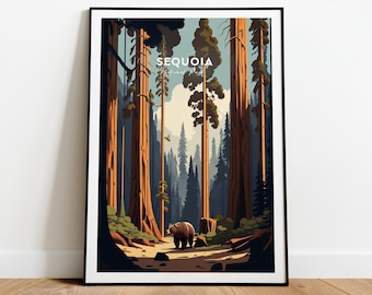 Sequoia traditional travel print - National Park, Sequoia print, Sequoia poster, Birthday present, Wedding gift