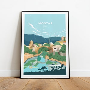 Mostar traditional travel print - Bosnia, Mostar poster, Mostar print, Birthday present, Wedding gift, Custom Text, Personalised Gift