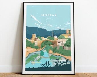 Mostar traditional travel print - Bosnia, Mostar poster, Mostar print, Birthday present, Wedding gift, Custom Text, Personalised Gift