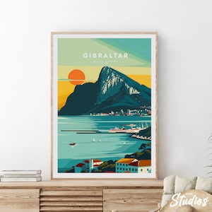 Gibraltar traditional travel print - Rock of Gibraltar, Gibraltar poster, Gibraltar artwork, Gibraltar painting, Custom Text
