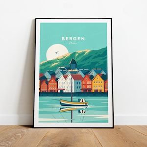 Impression de voyage traditionnelle de Bergen - Norvège, affiche de Bergen, art norvégien, cadeau d'anniversaire, cadeau de mariage, texte personnalisé, cadeau personnalisé